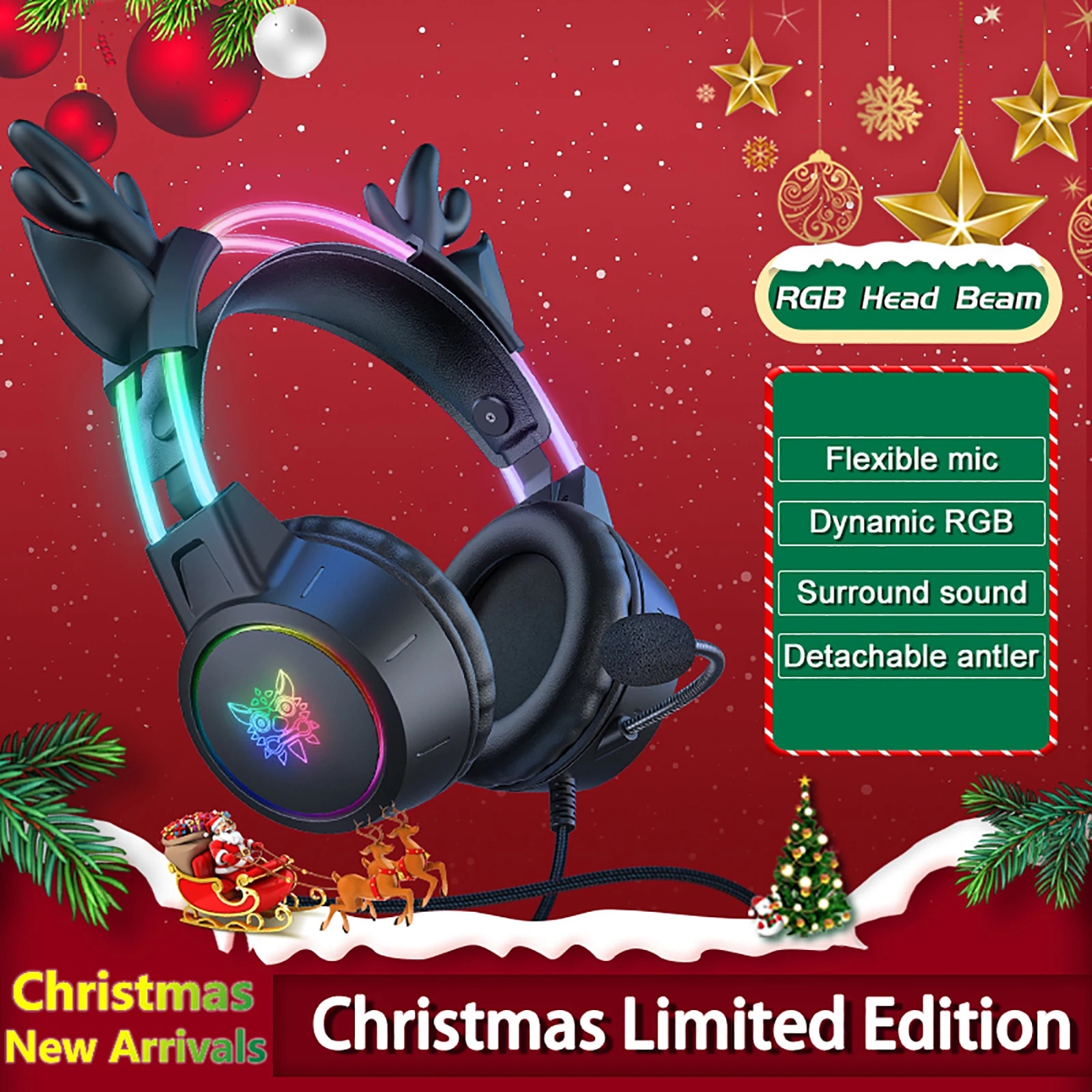 Gaming Headset Rgb - หูฟังเล่นเกม onikuma สำหรับ2024ใหม่ของขวัญคริสต์มาสพร้อมที่จับถอดได้หูฟังแสง RGB ตัดเสียงรบกวนด้วยไมโครโฟน