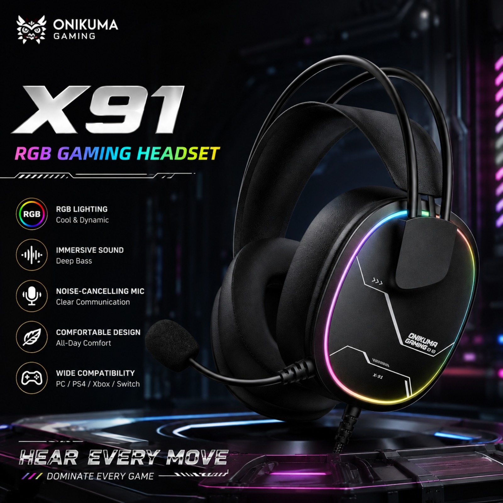Gaming Headset Rgb - หูฟังเกมมิ่งแบบมีสาย ONIKUMA X91 RGB พร้อมไดรเวอร์ 50